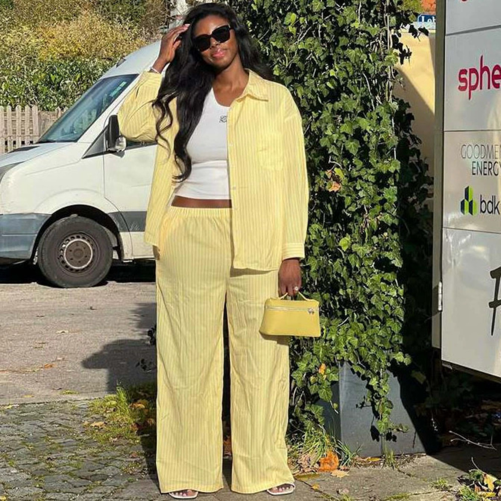 ZARA Womens Striped Long Sleeve Shirt Wide Leg Pants African Fashion Set